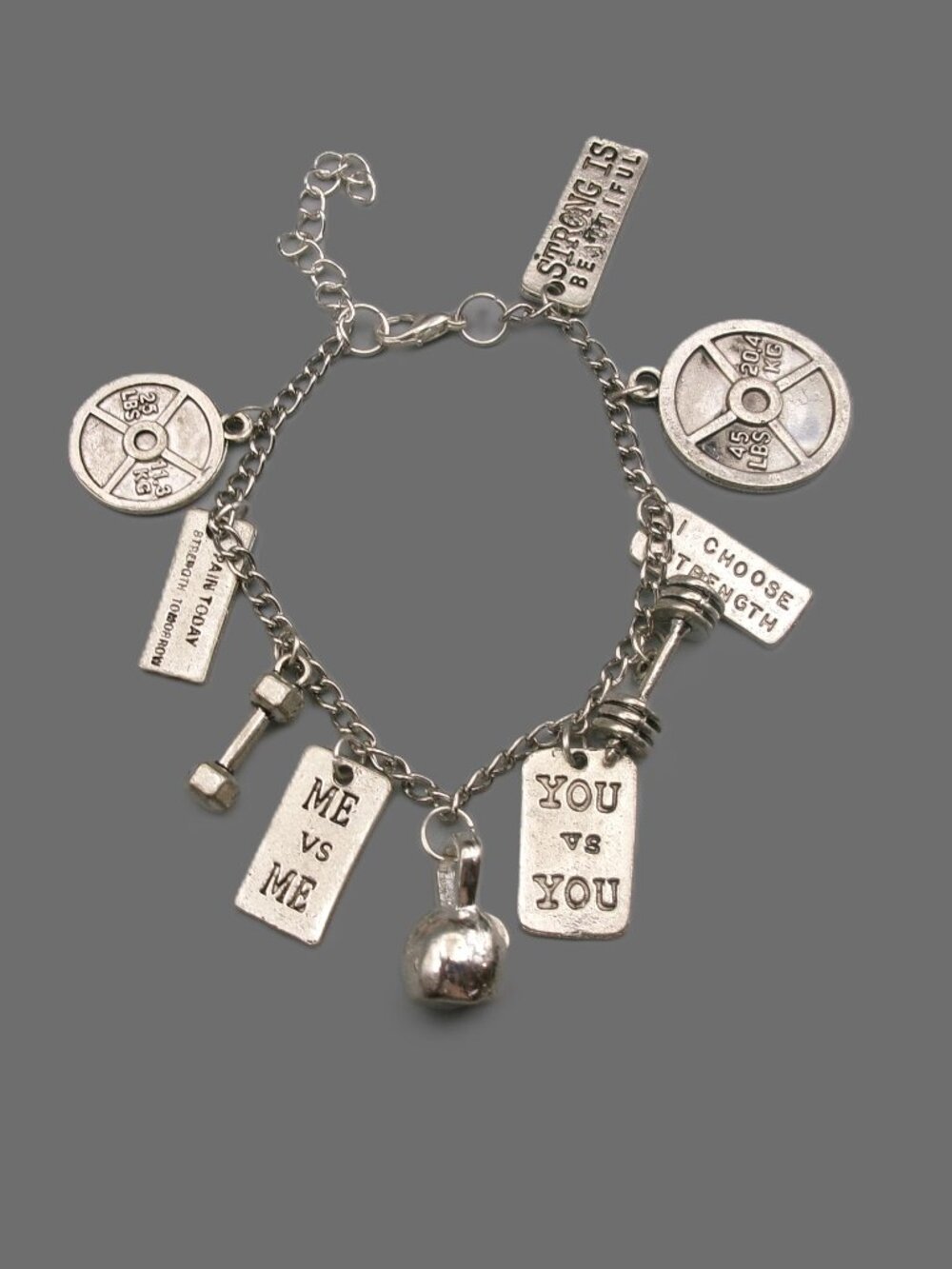 Silver Gym Fitness Motivational Charm Bracelet, Weigts, Dumbbell, Kettle Ball